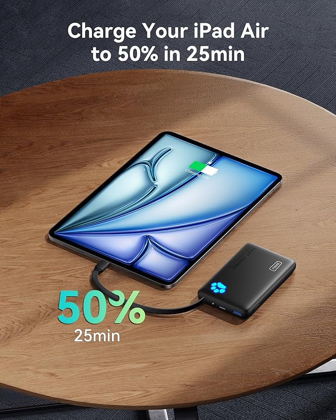 INIU 45W Portable Charger, 10000mAh Built-in USB C Cable Fast Charging Power Bank, Small Type C Battery Pack, Powerbank for iPhone 16 15 14 13, iPad, Samsung S25 S24 etc. Travel Camping Essentials