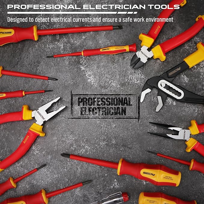 Insulated Screwdriver & Pliers Set: 14-Piece VDE Insulated Set 1000V Insulated Electrician Tool Set with Magnetic Phillips, Slotted Screwdrivers and Insulated Pliers
