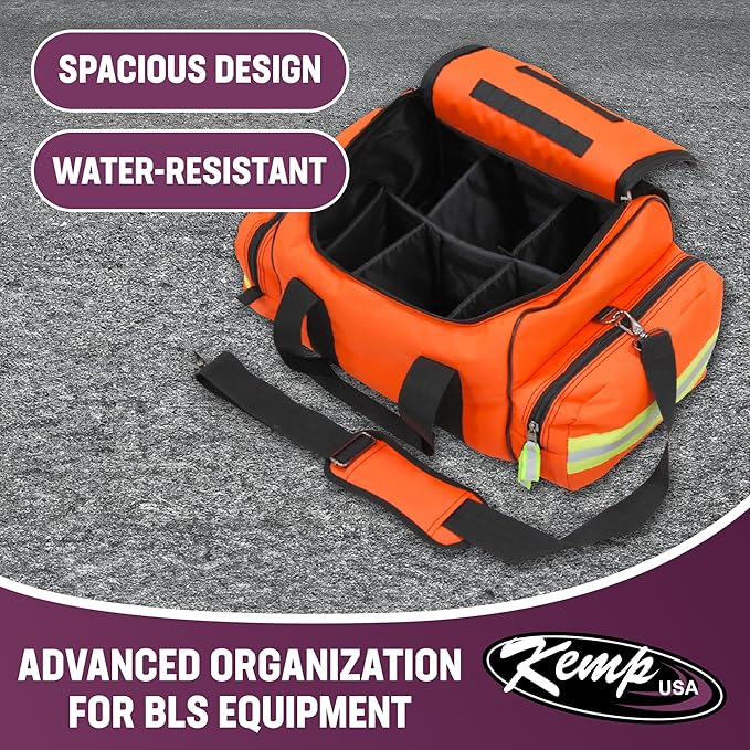 Kemp USA Maxi Trauma Bag - Large First Aid Kit for EMT First Responders - Water Resistant 600D Nylon - Buckle Closure with Adjustable Strap & Reflective Trim - Orange