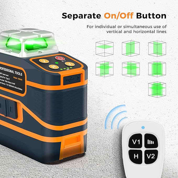 CIGMAN Laser Level CM-801 Laser Level Self Leveling 3x360°3D Green Cross Line for Decoration and Picture Hanging with Two Rechargeable Batteries, Remote Controller and Magnetic L-Shaped Bracket