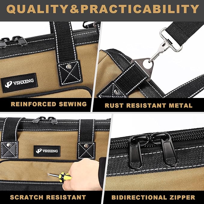 20 IN Large Tool Bag For Men Heavy Duty, Drill Bag Tool Bag Organizer, Wide Mouth Waterproof Hard Bottom Multiple Pockets Tool Tote, Tool Caddy, Maintenance
