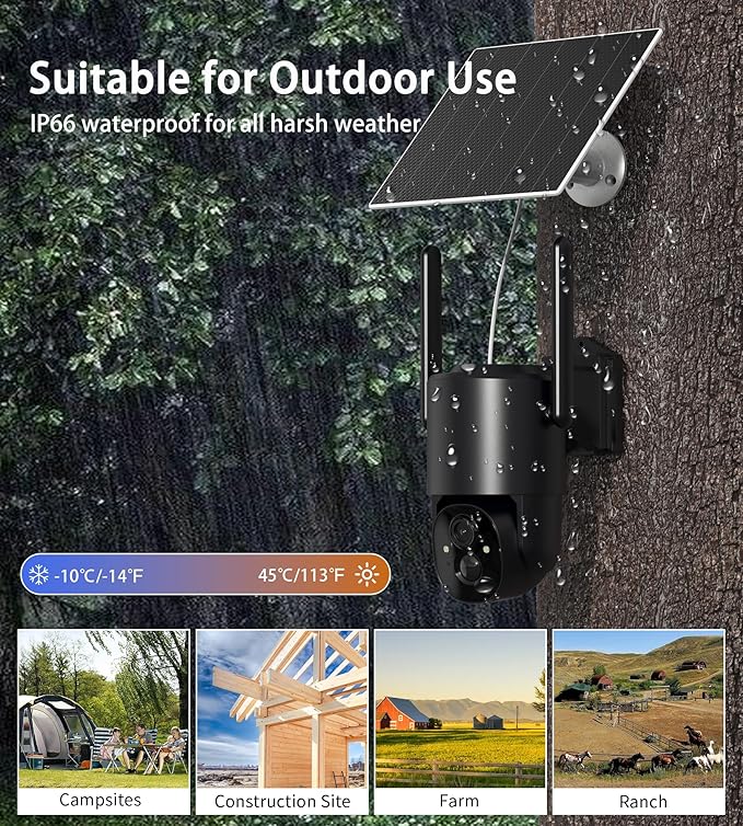 4G LTE Cellular Security Camera: No WiFi Security Camera Outdoor Solar Built-in SIM Card 2K Home Cameras System Wireless Outside Battery Powered with 360° Live View Color Night Vision Motion Detection