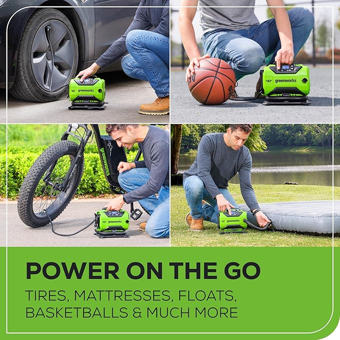 Greenworks 40V Cordless Tire Inflator, 160 PSI Portable Air Compressor, 2 Power Sources, Auto Shut Off, for Car, Bicycle, Motorcycle, Air Boat, Inflatables, Tool Only