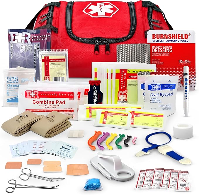 Fully Stocked Trauma First Aid Kit – First Responder II Bag with Tools, Gauze, Bandages, Scissors & Gloves – Compact & Portable – OSHA and ANSI Compliant – Red