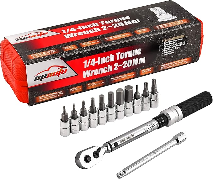 EPAuto Bike Tool 1/4 Inch Drive Click Torque Wrench Set (2 to 20 Nm), Hex/Torx Bit Socket Extension Bar Bicycle Maintenance Kit