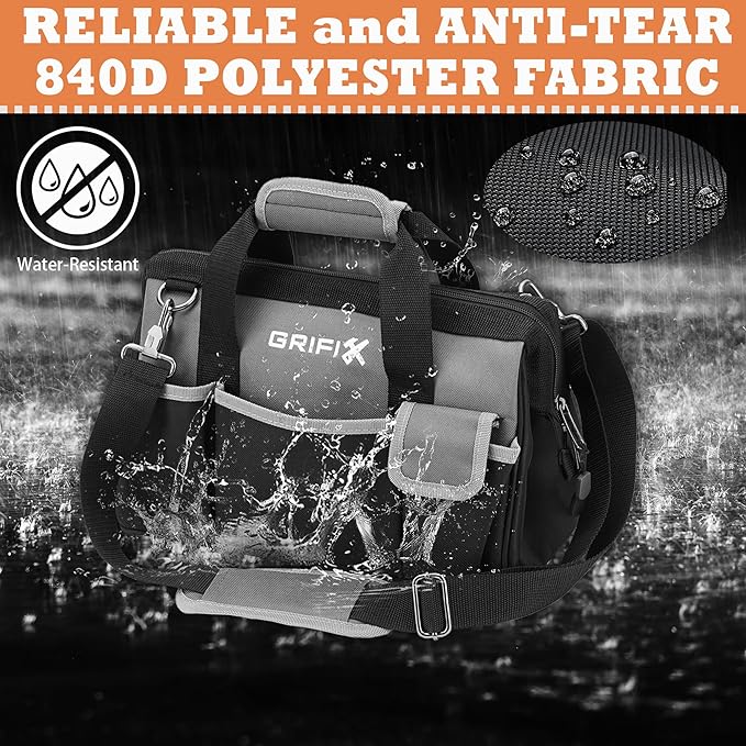 14-inch Tool Bag, Portable Tool Box Organizer Storage, Wide Mouth Tool Tote Bag with Large Zipper, 14-Pocket Adjustable Shoulder Strap and Ergonomic Handle (14" Standard Base)