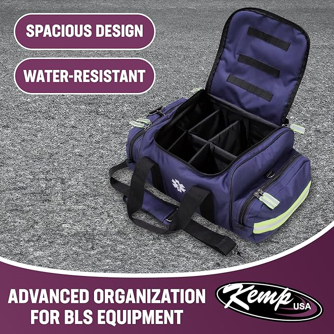 Kemp USA Maxi Trauma Bag - Large First Aid Kit for EMT First Responders - Water Resistant 600D Nylon - Buckle Closure with Adjustable Strap & Reflective Trim - Navy Blue