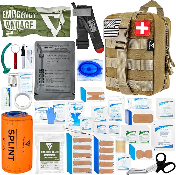CareTac IFAK Trauma & First Aid Kit with CAT Gen 7 Tourniquet – Military-Grade Tactical Medical Kit Includes Israeli Bandage, Chest Seal, Splint & CPR Mask for Bleed Control, Gunshot Wounds & More