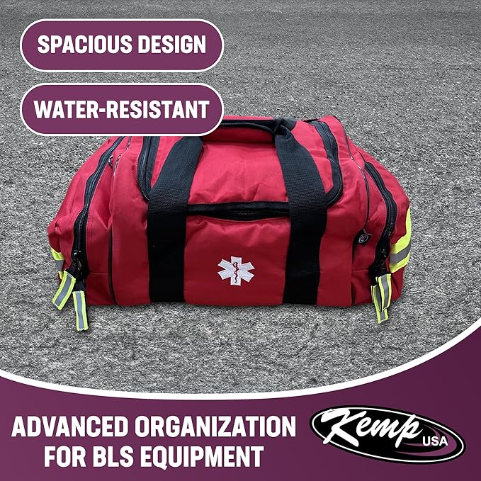 Kemp USA Maxi Trauma Bag - Large First Aid Kit for EMT First Responders - Water Resistant 600D Nylon - Buckle Closure with Adjustable Strap & Reflective Trim - Red