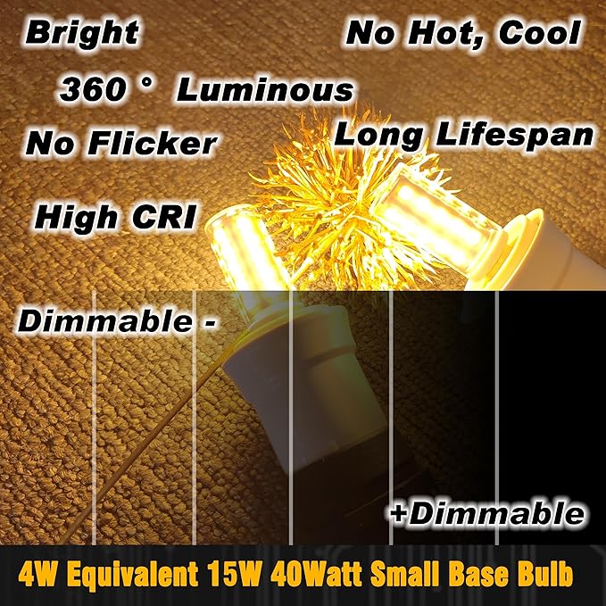Dimmable E12 LED Bulb Himalayan Salt Lamp 4W, Equivalent 15W 40W, 400lm 2700K Warm White AC120V S6 C7 E12 Candelabra Base for Night Light Chandeliers Christmas Light Candle Lamp Dryer Bulbs, 4 Pack