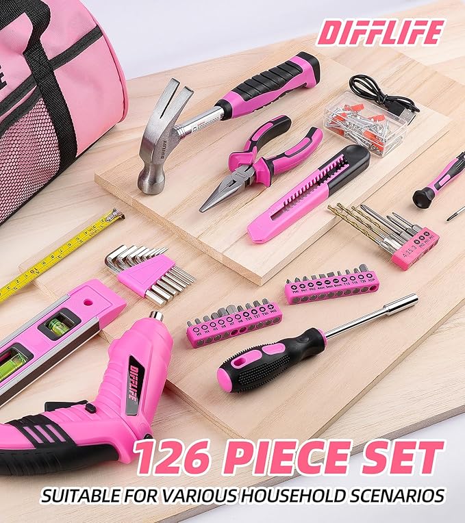 Pink Tool Set for Women, 126-Piece Lady's Power Screwdriver Cordless Rechargeable Set Home Repairing Tool Set with 13-Inch Wide Mouth Open Storage 126PCS 3.6V Electric Screwdriver Tool Bag