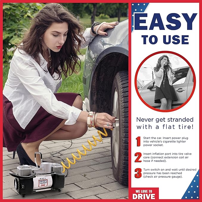 Tire Inflator Portable Air Compressor – 12V DC Air Pump for Car Tires, 150 PSI Electric Air Pump with Tyre Pressure Gauge – Corded Black by WE LOVE TO DRIVE