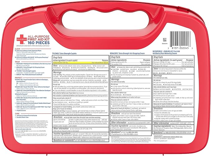 All-Purpose Portable Compact First Aid Kit for Minor Cuts, Scrapes, Sprains & Burns, Home, Car, Travel, Camping & Outdoor Emergency Kit, 160 Pieces