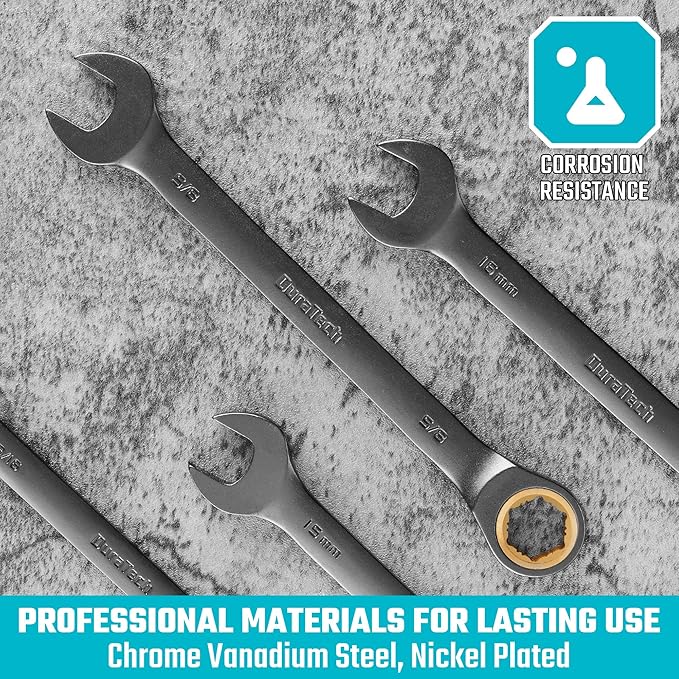 DURATECH Anti-Slip Ratcheting Wrench Set, Combination Wrench Set, 8-piece, SAE 5/16" to 3/4", 72-Tooth, Nickel Plating, CR-V Steel, with Pouch