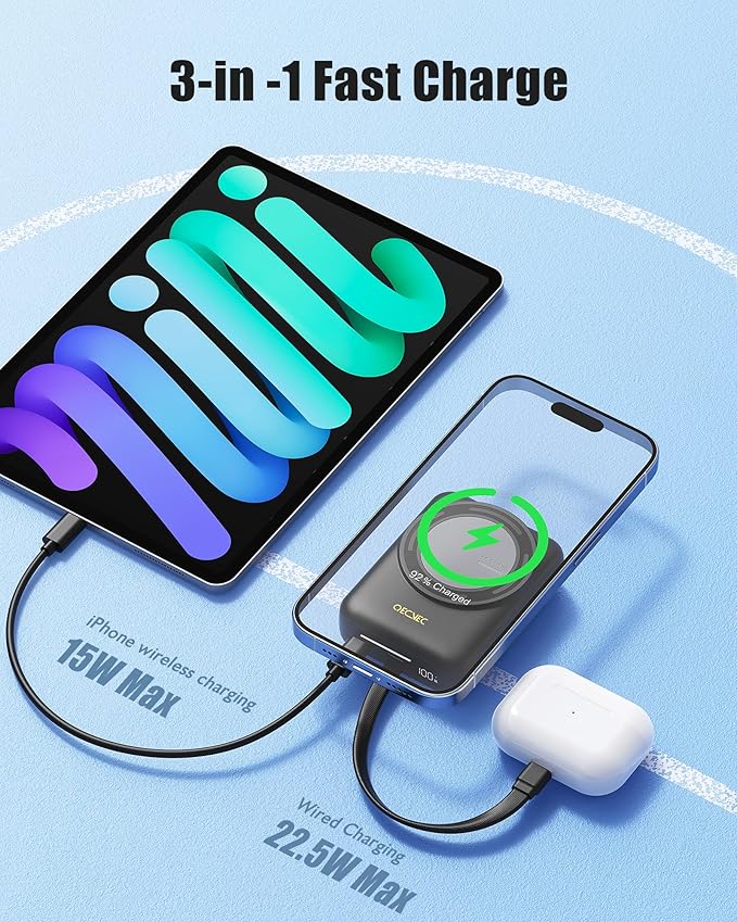 Magnetic Portable Charger 10000mAh, Wireless Mag-Safe Power Bank, 22.5W Fast Charging Power Bank, Compatible with iPhone Series, Android Devices, Compact and Lightweight for Short Travel-Black