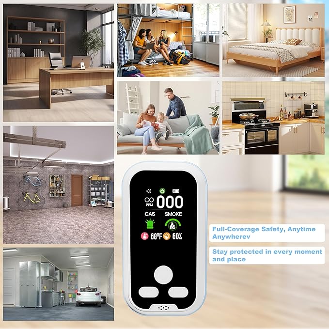 5-in-1 Carbon Monoxide Detector 2 Pack Combo with LCD Display, Detects CO, Natural Gas, Smoke, Temperature, Humidity for Home, Hotel, RV, Apartment Safety