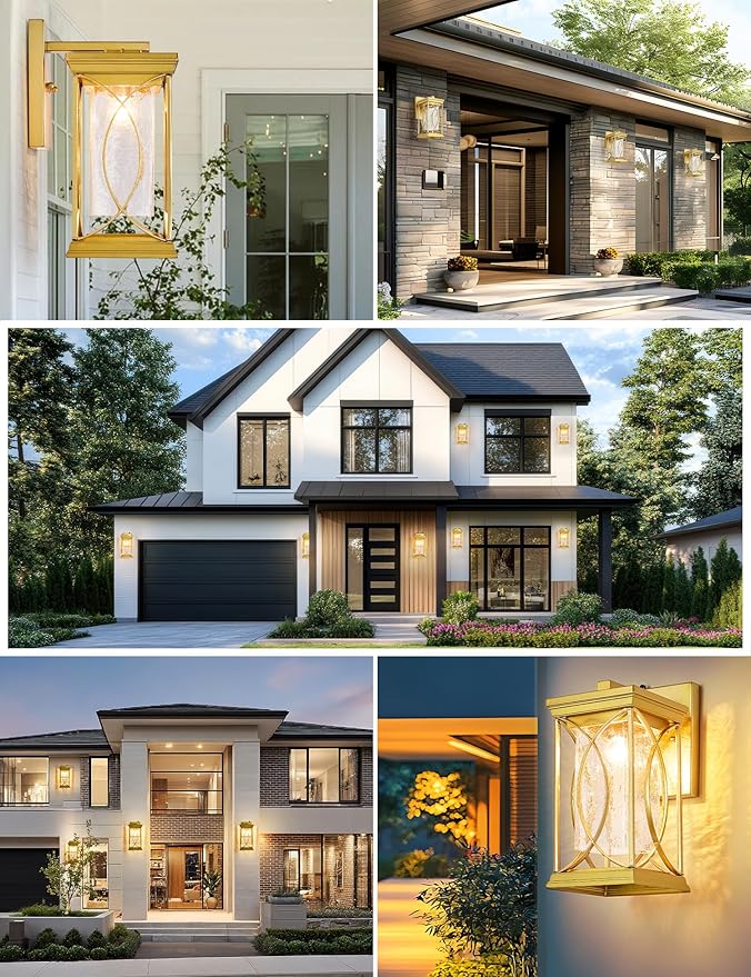 Gold OutdoorSconce Dusk to Dawn Exterior Light Fixtures Wall Mount Porch Light Modern Outdoor Wall Light Aluminum with Crack-Like Glass IP65 Waterproof Outside Coach Light for House