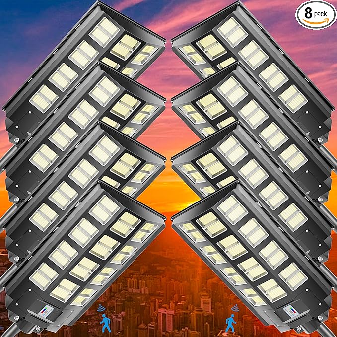 8-Pack Solar Street Light - 8000W Solar Parking Lot Light 360000LM Dusk to Dawn Street Lights Solar Powered, IP67 Waterproof Solar Wide Angle Lamp with Motion Sensor for Yard, Road
