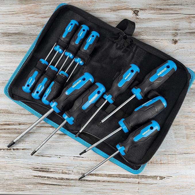 NEIKO 01377A Magnetic Torx Screwdriver Set | 12 Piece | T5 – T40 | 6 Point Star Head Driver | Heat Treated Chrome Vanadium Steel | Non Slip Cushioned Handle Grip | Magnet Bit Tip | Carrying Pouch