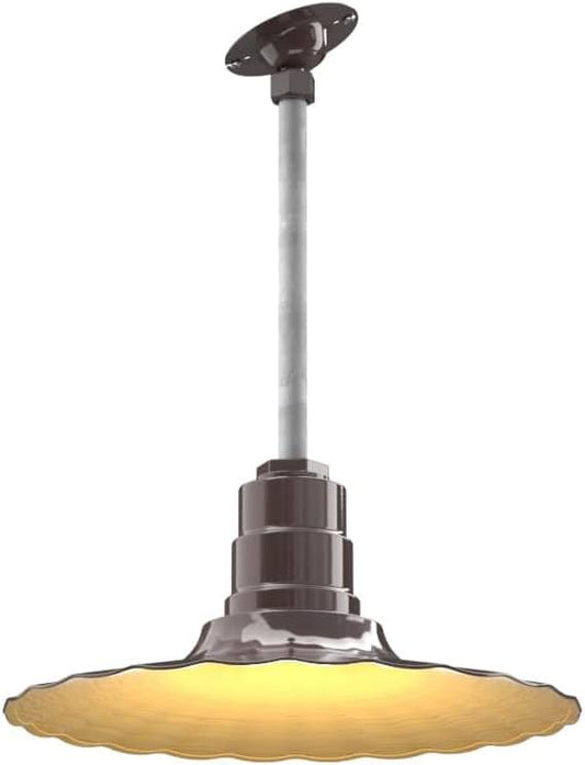 Steel Lighting Co. Eagle Rock Pendant | Ceiling Mounted Light | 16 inch Radial Wave | 12" Sloped Stem | Heavy Duty Steel Retro Farmhouse Style Made in America | Dark Bronze Exterior/Brass Interior