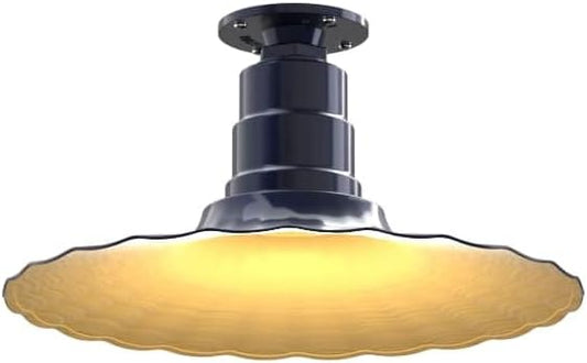 Steel Lighting Co. Eagle Rock Pendant | Ceiling Mounted Light | 16 inch Radial Wave | Flush Mount | Heavy Duty Steel Retro Farmhouse Style Made in America | Navy Blue Exterior/Brass Interior