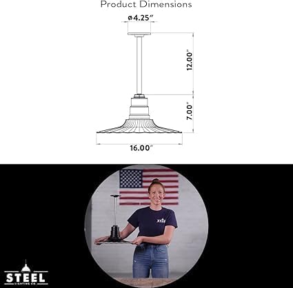 Steel Lighting Co. Eagle Rock Pendant | Ceiling Mounted Light | 16" Radial Wave | 12" Galvanized Stem | Heavy Duty Steel Retro Farmhouse Style Made in America | Dark Bronze Exterior/Brass Interior