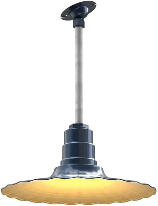 Steel Lighting Co. Eagle Rock Pendant | Ceiling Mounted Light | 16 inch Radial Wave | 12" Sloped Stem | Heavy Duty Steel Retro Farmhouse Style Made in America | Gray Blue Exterior/Brass Interior