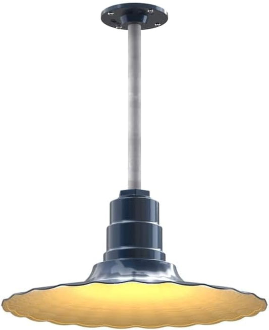 Steel Lighting Co. Eagle Rock Pendant | Ceiling Mounted Light | 16" Radial Wave | 12" Galvanized Stem | Heavy Duty Steel Retro Farmhouse Style Made in America | Gray Blue Exterior/Brass Interior