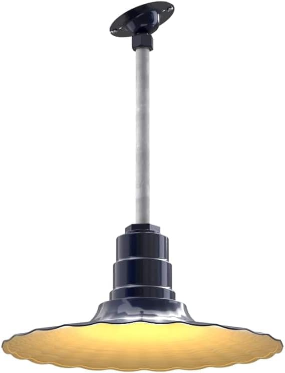 Steel Lighting Co. Eagle Rock Pendant | Ceiling Mounted Light | 16 inch Radial Wave | 12" Sloped Stem | Heavy Duty Steel Retro Farmhouse Style Made in America | Navy Blue Exterior/Brass Interior