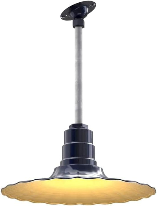 Steel Lighting Co. Eagle Rock Pendant | Ceiling Mounted Light | 16 inch Radial Wave | 12" Sloped Stem | Heavy Duty Steel Retro Farmhouse Style Made in America | Navy Blue Exterior/Brass Interior