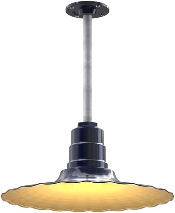 Steel Lighting Co. Eagle Rock Pendant | Ceiling Mounted Light | 16" Radial Wave | 12" Galvanized Stem | Heavy Duty Steel Retro Farmhouse Style Made in America | Navy Blue Exterior/Brass Interior