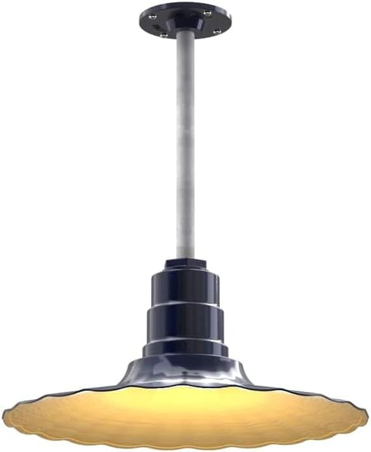 Steel Lighting Co. Eagle Rock Pendant | Ceiling Mounted Light | 16" Radial Wave | 12" Galvanized Stem | Heavy Duty Steel Retro Farmhouse Style Made in America | Navy Blue Exterior/Brass Interior