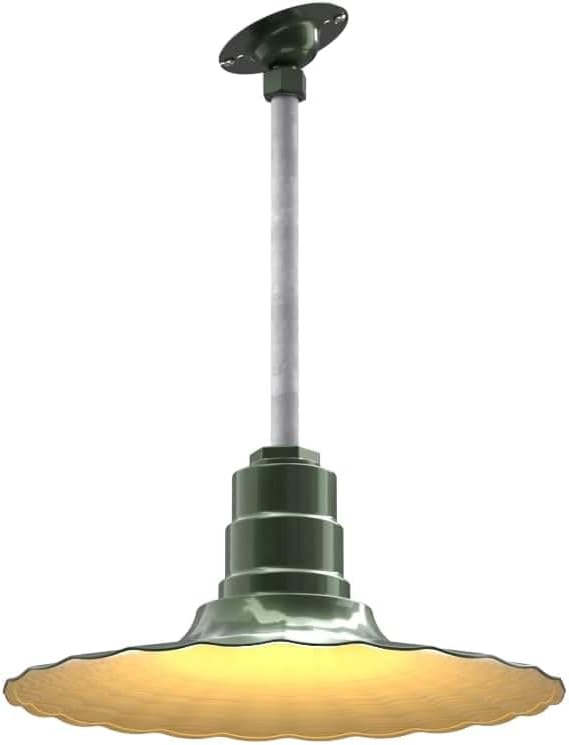 Steel Lighting Co. Eagle Rock Pendant | Ceiling Mounted Light | 16 inch Radial Wave | 12" Sloped Stem | Heavy Duty Steel Retro Farmhouse Style Made in America | Hunter Green Exterior/Brass Interior