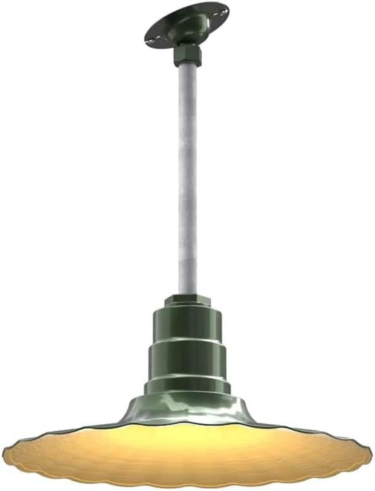 Steel Lighting Co. Eagle Rock Pendant | Ceiling Mounted Light | 16 inch Radial Wave | 12" Sloped Stem | Heavy Duty Steel Retro Farmhouse Style Made in America | Hunter Green Exterior/Brass Interior