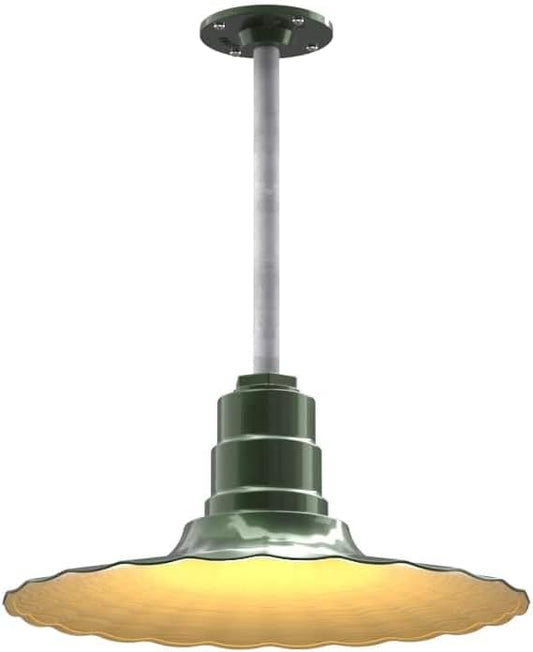 Steel Lighting Co. Eagle Rock Pendant | Ceiling Mounted Light | 16" Radial Wave | 12" Galvanized Stem | Heavy Duty Steel Retro Farmhouse Style Made in America | Hunter Green Exterior/Brass Interior