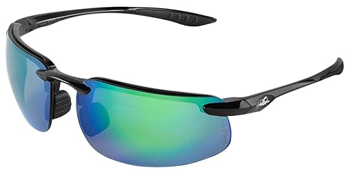 Bullhead Safety Bowfin Polarized Safety Glasses with Performance Fog Technology, Blue Light Glasses with UV Light Protection and Anti-Scratch Coating, Green Mirror Lenses, Shiny Black Frame