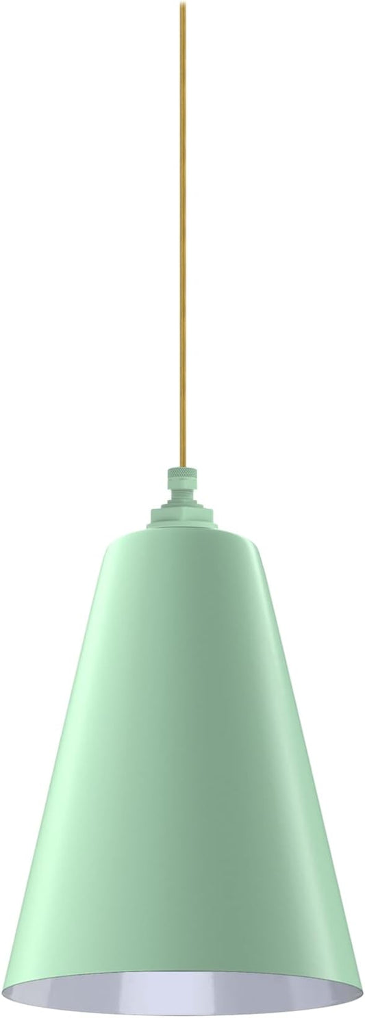 Steel Lighting Co. Laurel Pendant Light | Ceiling Mounted | 8.5 inch Cone Shade | Modern Contemporary Farmhouse Style Made in America | Gold Cloth Cord | Mint Green Exterior/White Interior