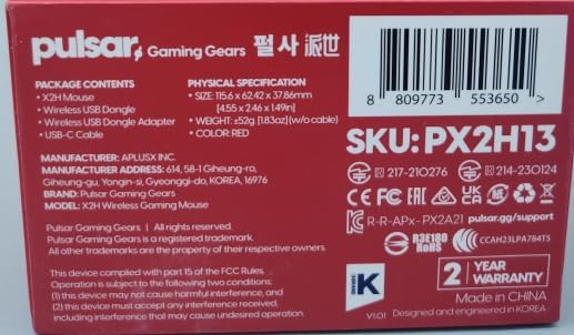 Pulsar Gaming Gears X2H mini Wireless Gaming Mouse, Limited Color Edition, Ultra Lightweight 1.83 oz (52 g), Symmetrical, Optical Switch, 26000 DPI, PAW3395 Sensor (Mini, Wireless, Red)