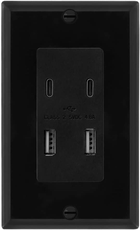 Maxxima USB Receptacle Outlet - 4.8A USB C/A High Speed 4 USB Wall Charging Ports, Vertical Multi-Plug Socket, Electrical AC Replacement, Outlet Wall Plate Included - Black