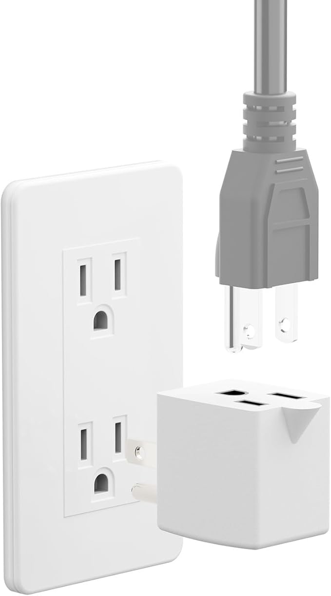 90 Degree Adapter Right Angled Upward Angled USA 3-Prong Male-Female Adapter, Plugrand 90 Degree Angled USA Male Female Adapter, 5-15P to 5-15R Direction Changer Space Save Adapter White PA-0170UW