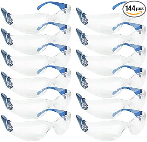 BISON LIFE Protective Safety Glasses - Clear Polycarbonate Impact and Ballistic Resistant Lens, BLUE Temple (Case of 12 Boxes, 144 PAIRS)