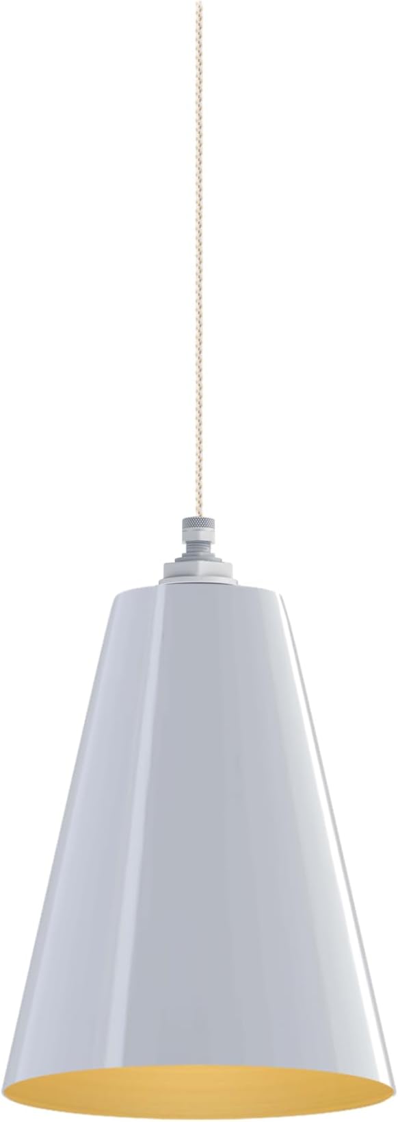Steel Lighting Co. Laurel Pendant Light | Ceiling Mounted | 8.5 inch Cone Shade | Modern Contemporary Farmhouse Style Made in America | White Gold Cloth Cord | White Exterior/Brass Interior