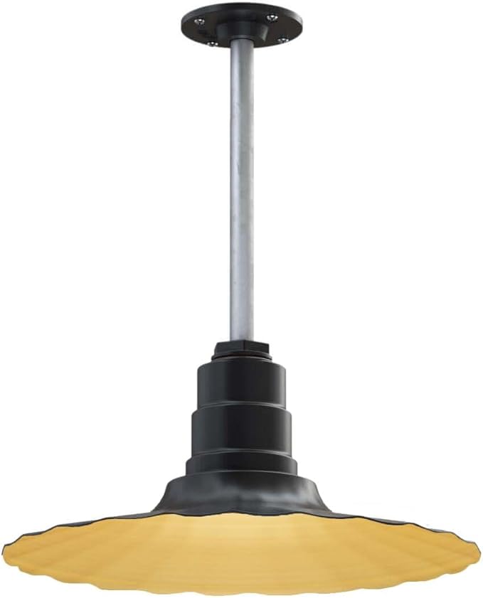 Steel Lighting Co. Eagle Rock Pendant | Ceiling Mounted Light | 16 inch Radial Wave | 12 inch Stem | Heavy Duty Steel Retro Farmhouse Style Made in America | Matte Black Exterior/Brass Interior