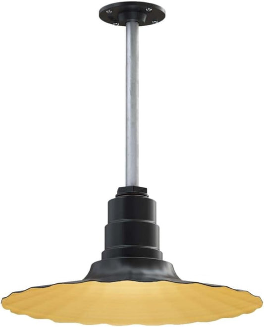 Steel Lighting Co. Eagle Rock Pendant | Ceiling Mounted Light | 16 inch Radial Wave | 12 inch Stem | Heavy Duty Steel Retro Farmhouse Style Made in America | Matte Black Exterior/Brass Interior