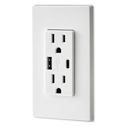 Leviton T5633-W Type A & Type-C USB In-Wall Charger with 15A Tamper-Resistant Outlet, USB Charger for Smartphones and Tablets, Not for Laptops, White