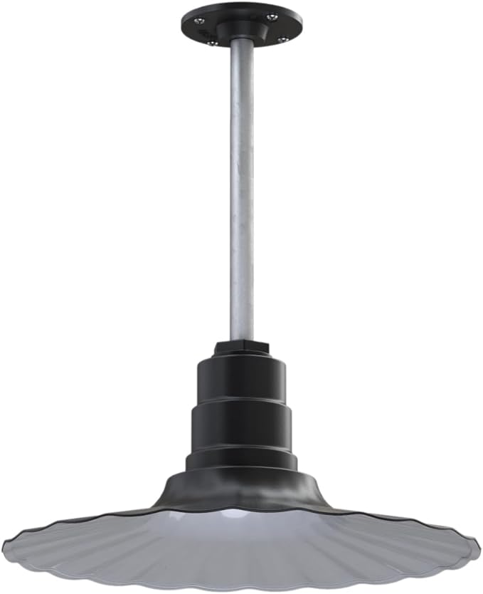 Steel Lighting Co. Eagle Rock Pendant | Ceiling Mounted Light | 16 inch Radial Wave | 12 inch Stem | Heavy Duty Steel Retro Farmhouse Style Made in America | Matte Black Exterior/White Interior