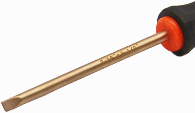 Non-Sparking 3/16 Inch (5mm) Flat Slotted Screwdriver, Beryllium Bronze Copper Non Spark, 3 Inch (75mm) Working Length, 7 inch Total Length, Spark Free Safety, non-magnetic, corrosion-resistant