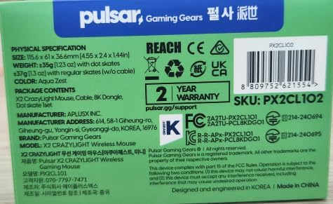 Pulsar Gaming Gears X2 Crazylight Wireless Gaming Mouse, Ultra Lightweight 1.23 oz (35g), Optical Switch, 32000 DPI, 750 IPS, XS-1 Sensor, 8k Compatible (Aqua Zest)