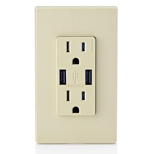 Leviton T5632-I Type-A USB in-Wall Charger with 15A Tamper-Resistant Outlet, USB Charger for Smartphones, Ivory