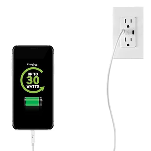 Leviton T5635-E 30W (6A) USB Dual Type-C/C Power Delivery In-Wall Charger with 15A Tamper-Resistant Outlet, USB Charger for Smartphones, Tablets, Laptops, Black